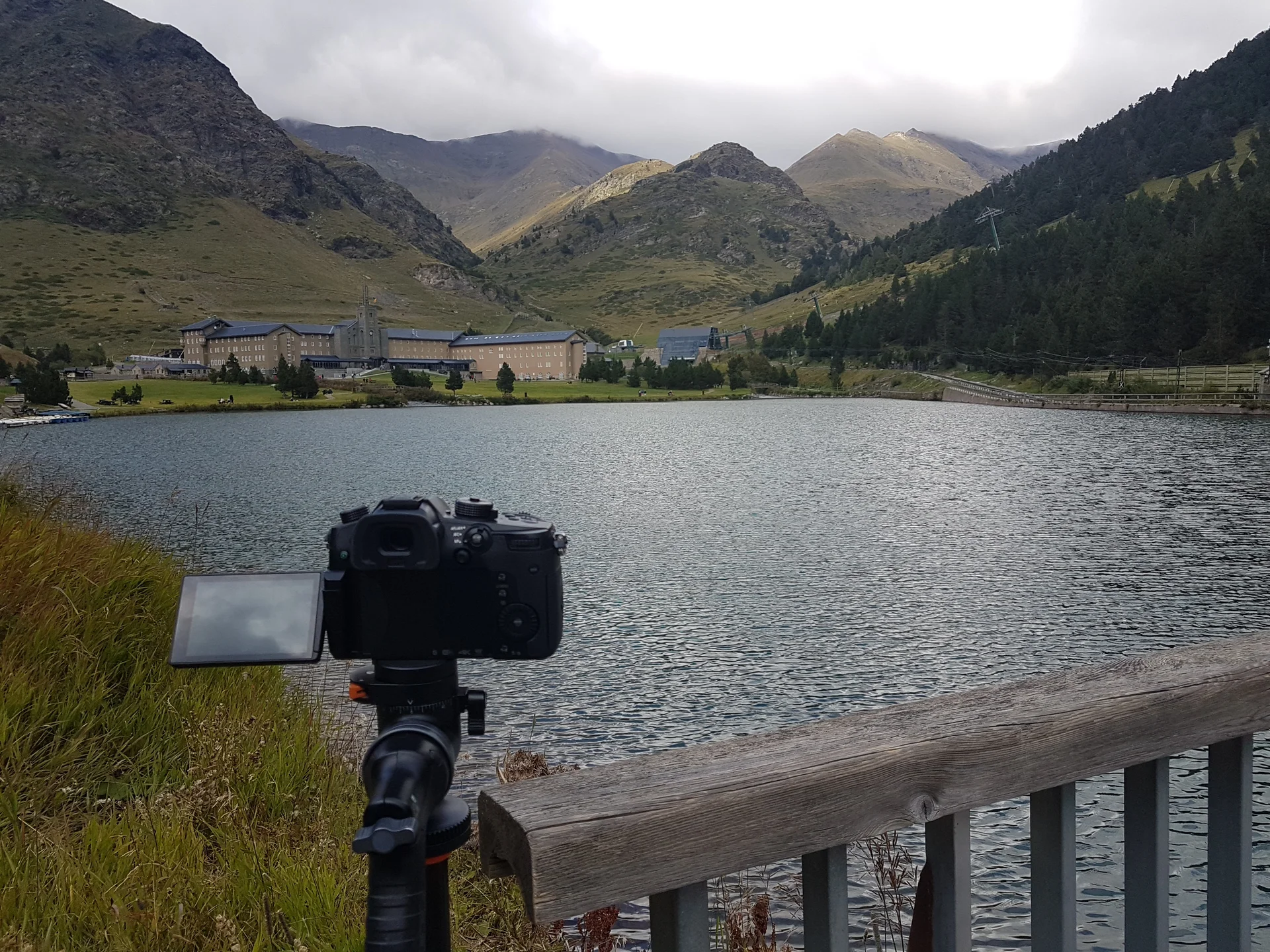 Professional audio recording equipment at a scenic outdoor location